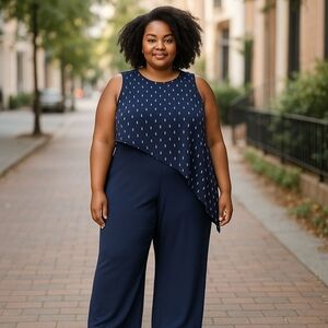 Ignite Evenings sz 18 Navy Blue Jumpsuit with Asymmetrical sleeveless cape Top